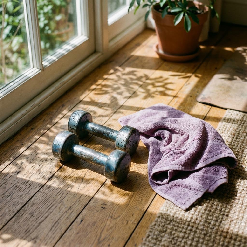 Hand weights and a folded towel in a warm movement space